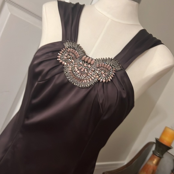 David Meister Brown Rhinestone Halter Neck Evening Dress Sheath Stretch - Picture 2 of 8